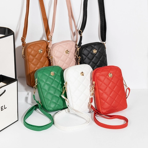Sac Bandoulière Pour Téléphone Portable Cuir PU Matelassé Décoration Fleur Dorée Bandoulière Réglable Mini Sac Femme