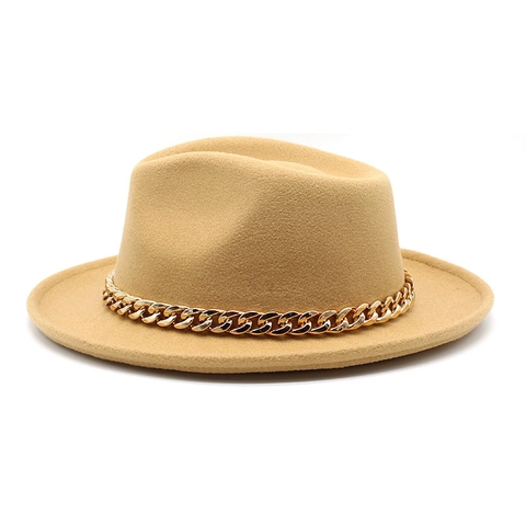 Cappello Fedora Per Donna E Uomo Feltro Di Lana Tesa Larga Piatta Con Decorazione Catena Cubana Dorata Stile Jazz