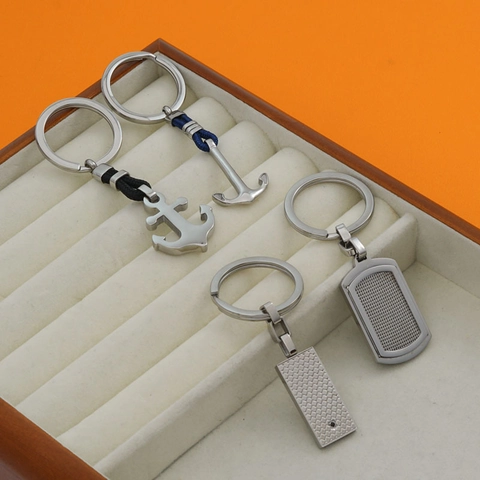 Stainless Steel Keychain Pendant Square Military Dog Tag With Anchor Braided Rope Charm For Men Car Key Accessories