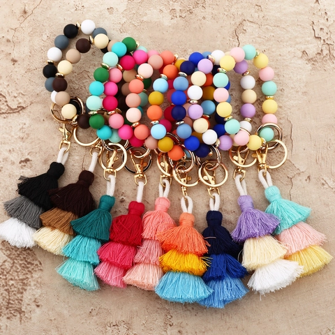 Llavero De Pulsera De Cuentas De Silicona Con Pulsera De Llavero De Borla De Algodón De Tres Capas Para Mujer