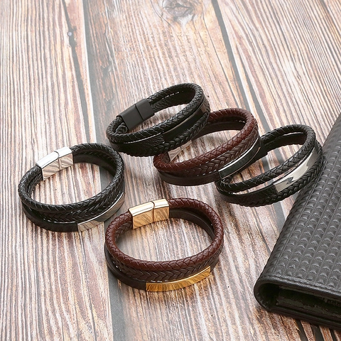 Men Multi-layer Braided Genuine Leather Bracelet With Stainless Steel Accent Alloy Magnetic Clasp Casual Bangle