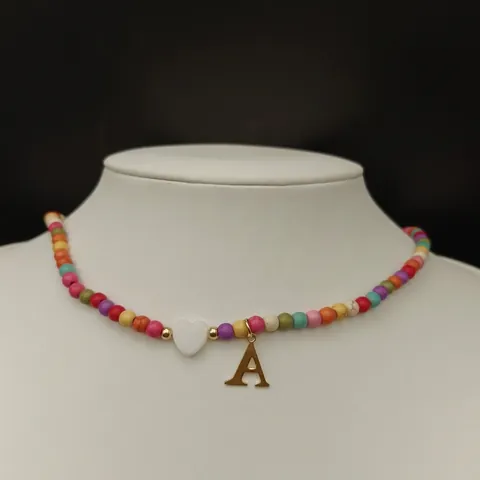 Colorful Beaded Necklace With Stainless Steel Gold Letter Pendant And Heart Charm Fashion Clavicle Chain For Women