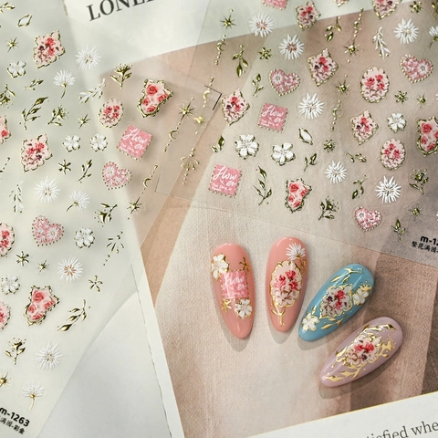 3D Embossed Flower Nail Art Stickers French Style Gold Lines Floral Design Rose Daisy Self Adhesive Decals