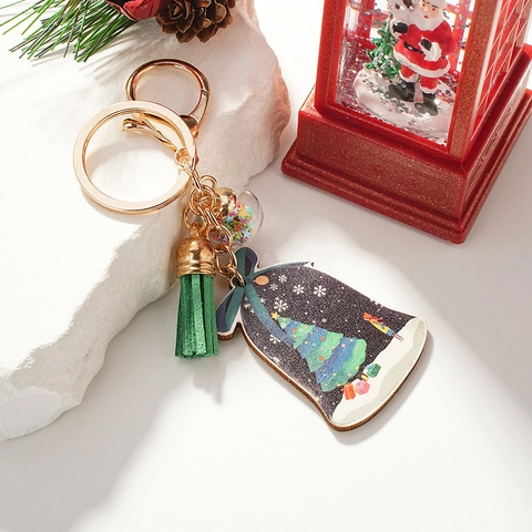 Portachiavi Di Natale Ciondolo A Campana In Legno Con Nappa Verde E Sfera Di Paillettes A Stella Motivo Albero Di Neve Decoro