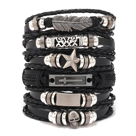Bracciali In Pelle Intrecciata Con Ciondoli In Metallo Teschio Croce Piuma Stile Vintage Punk Hip Hop Per Uomo