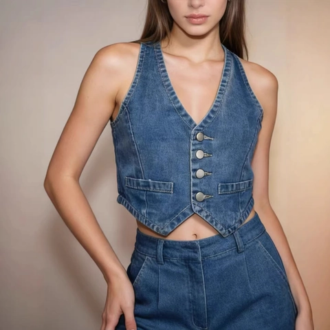 Women Denim Vest Cropped Sleeveless V Neck Button Up Casual Vintage Washed Denim Waistcoat Top