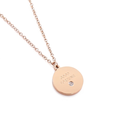 Collar Con Colgante Redondo Acero Inoxidable Good Fortune Grabado Circonita Estrás Cadena De Clavícula Para Mujer Estilo Minimalista