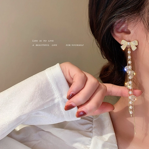 Bowknot Long Tassel Dangle Earrings For Women With 925 Sterling Silver Earring Post Alloy Artificial Pearl Crystal Elegant