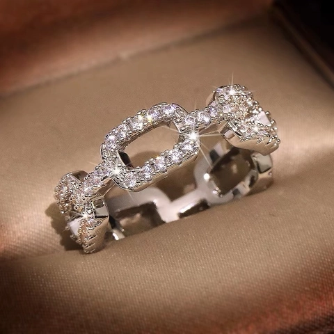 Elegante Anillo De Cadena Para Mujer Con Circón Blanco Brillante Banda De Cobre Geométrica Color Plata Estilo Lujoso Personalizado