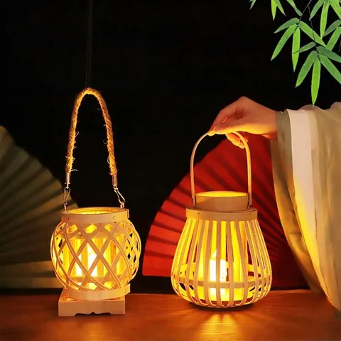 Handheld Bamboo Woven Lantern Chinese Traditional Style LED Warm Light For Festival Party Decor Vintage