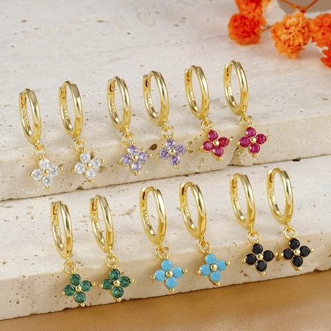 Four Leaf Clover Flower Hoop Earrings With 925 Sterling Silver Earring Post Colorful Zircon Dangle Drop Jewelry For Women