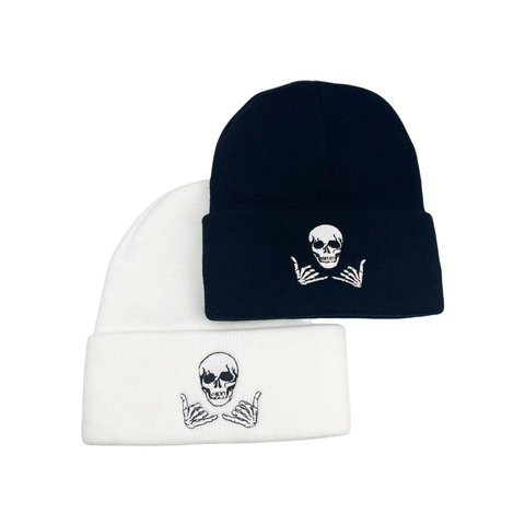 Skull Hand Embroidery Knitted Beanie Acrylic Warm Winter Hat Punk Streetwear Unisex