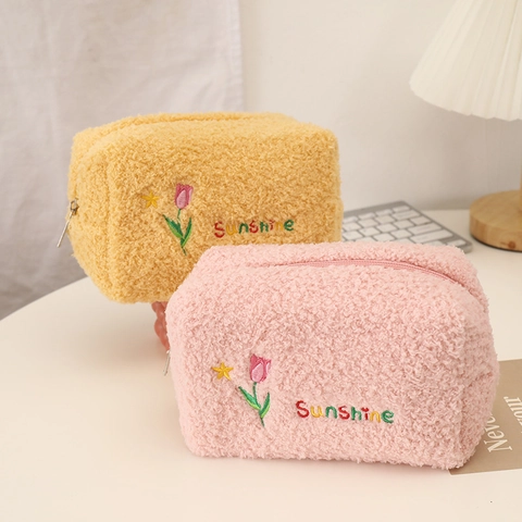 Plüsch Federmäppchen Tulpe Stickerei Kosmetiktasche Vlies Aufbewahrungstasche Sunshine Muster Reißverschluss Schule Schreibwaren Organizer