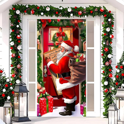 Kerst Deurbanner Kerstman Print Polyester Feestelijke Veranda Hangende Vlag Tuin Buiten Decoratie