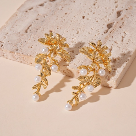 Pendientes Colgantes Flor Hoja Perla Artificial Imitación Aleación Con Poste Plata Esterlina 925 Elegante Joyería Floral Dorada
