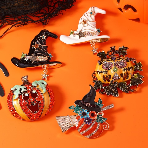 Halloween Calabaza Bruja Sombrero Escoba Aleación Esmalte Rhinestone Broche Pin Dibujos Animados Joyería Moda Festival