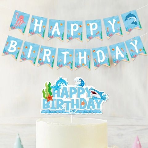 Ocean Theme Birthday Party Decoration Happy Birthday Banner Cake Toppers Sea Creatures Dolphin Shark Cartoon Cardboard