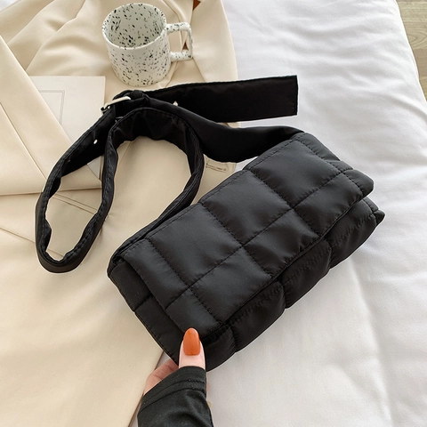 Women Space Cotton Padded Quilted Shoulder Bag Retro Checkered Crossbody Bag Lightweight Small Square Bag For Autumn Winter