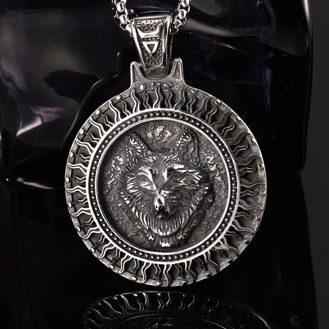 Collier Pendentif Tête De Loup Viking Acier Inoxydable Médaillon Rond Mythologie Nordique Bijoux Punk Vintage Pour Hommes Femmes