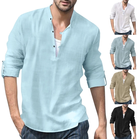 Men's Linen Henley Shirt Stand Collar Long Sleeve Casual Beach Top Breathable Summer Solid Color Lightweight Fashion Men's Clothing