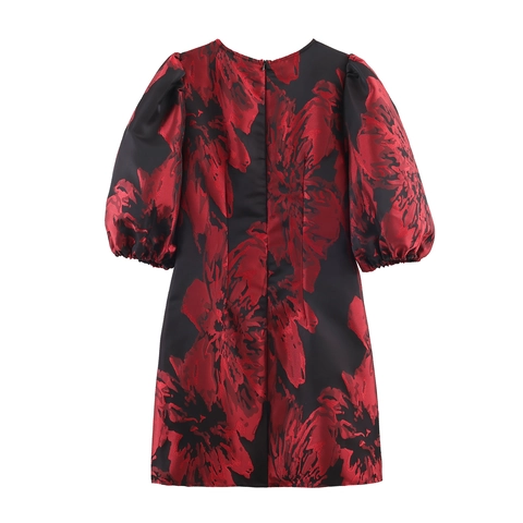 Mini Abito Floreale Jacquard Scollo A V Maniche A Sbuffo Retrò Elegante Rosso Nero Slim Fit Donna Festa
