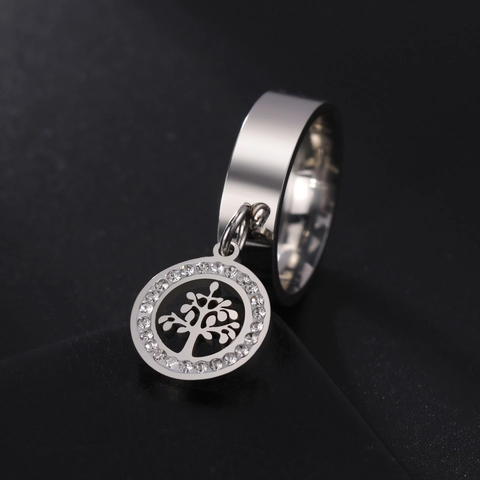 Titanium Steel Tree Of Life Pendant Ring For Women Minimalist Fashion Inlaid Rhinestone Gold Silver Color Geometric Jewelry Gift