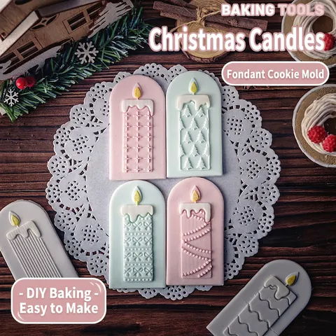 Christmas Candle Cookie Molds Acrylic PLA Plastic Fondant Stamps 3D Embossed Holiday Baking DIY Dessert Decoration Festive