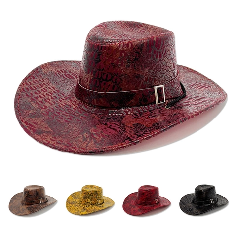 Cappello Da Cowboy Western Vintage Pelle PU Goffrata Coccodrillo Tesa Larga Protezione Solare Esterno Con Corda