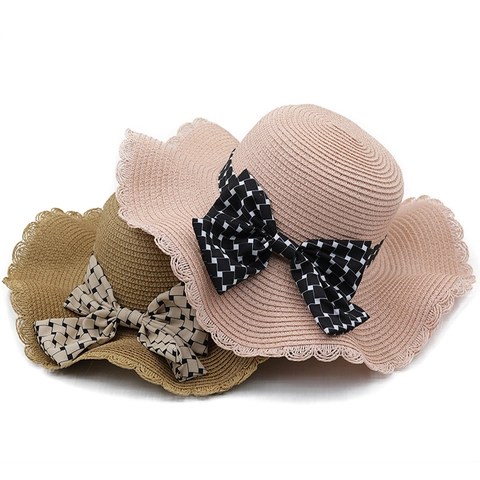 Women Wide Brim Straw Sun Hat Wavy Edge Checkerboard Ribbon Bow Summer Beach Travel Foldable Breathable