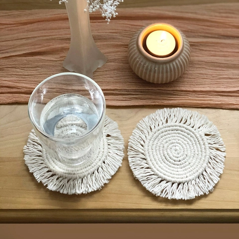 Dessous De Verre En Corde De Coton Tissés À La Main Sets De Table Ronds Boho Macramé Avec Franges Décoration De Table