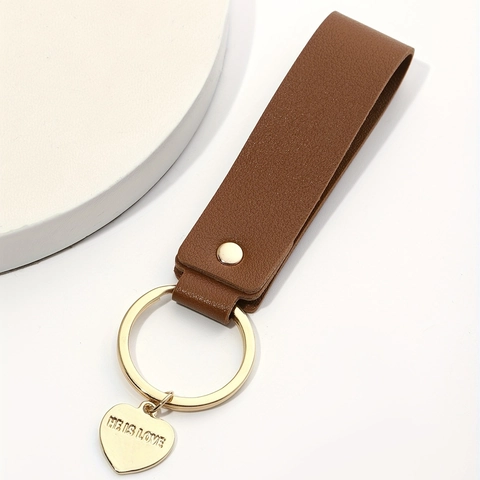 Leather Keychain With Lettered Heart Charm Gold Metal Ring Simple Elegant PU Leather Strap Key Ring Accessory For Women Men