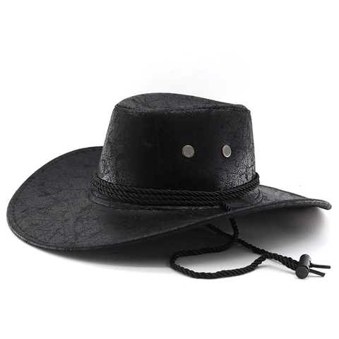 Western Cowboy Hat Faux Leather Retro Wide Brim Outdoor Sun Hat With Adjustable Chin Strap For Men And Women