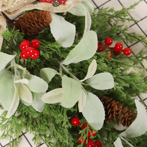 Christmas Teardrop Swag Artificial Inverted Tree With Pine Cones Red Berries Rabbit Ear Leaves Burlap Bow For Front Door Wall Hanging Rustic Decor