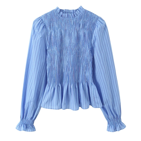 Damen Smock Bluse Langarm Stehkragen Rüschen Gesmoktes Top Polyester Karo Streifen Einfarbig Elegant
