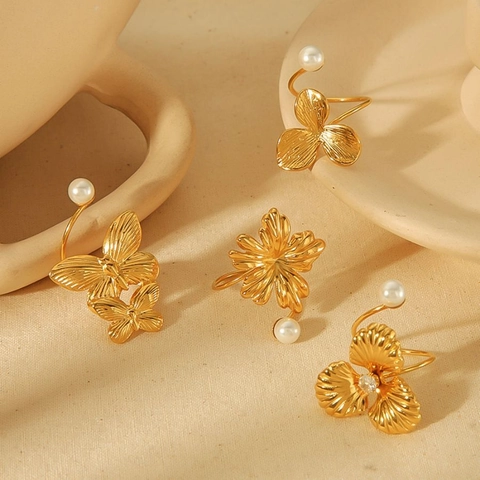 Anello Aperto Regolabile Fiore Farfalla Acciaio Inoxidabile Placcato Oro 18k Perla Artificial Moda Gioielli Eleganti Da Donna