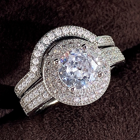 Elegante Anello Di Fidanzamento Halo Tondo E Fascia In Zirconia Curva Rame Placcato Oro Bianco Gioielli Da Sposa Per Donna