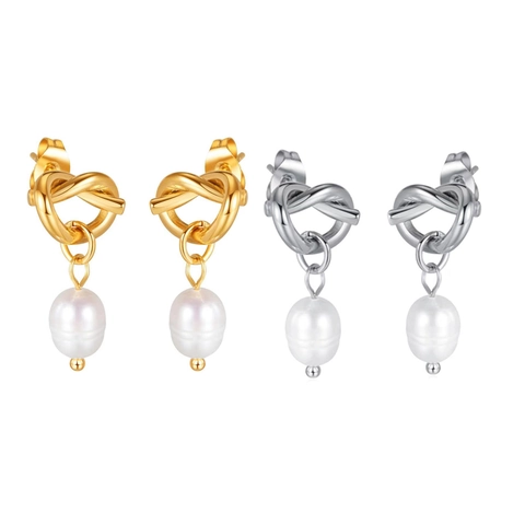 Orecchini a Cerchio in Acciaio Inossidabile Con Perla d'Acqua Dolce Vintage Placcati Oro 18K Orecchini Nodo Donna