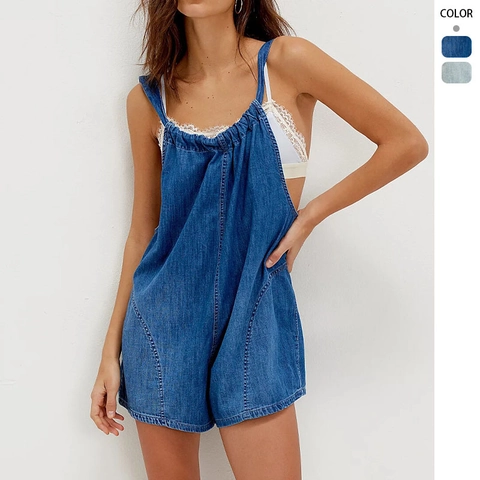 Women Denim Romper Adjustable Straps Functional Pockets Back Tie Loose Fit Casual Summer Streetwear
