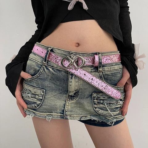 Ceinture En Cuir PU Pailletée Y2K Pour Femmes Avec Boucle Étoile Cœur En Alliage Accessoire De Taille Esthétique