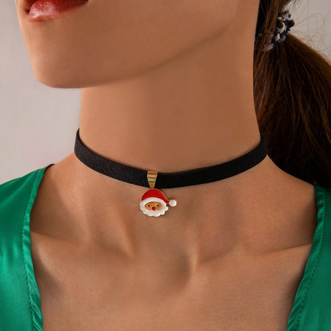 Kerst Choker Ketting Zwarte Fluwelen Band Legering Emaille Kerstman Hanger Feestelijke Sieraden Voor Dames