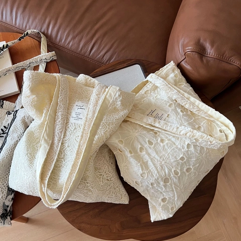 Bolso Tote De Encaje Bordado Vintage Francés Mujer Gran Capacidad Lona De Algodón Calado Floral Romántico Bolso De Hombro
