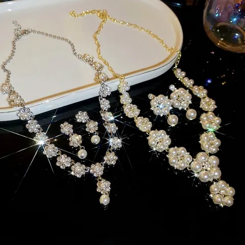 Elegante Collar Y Pendientes De Flor Con Imitación De Perla Artificial Y Poste De Plata Aleación Estrás Estilo Palacio Joyas De Lujo