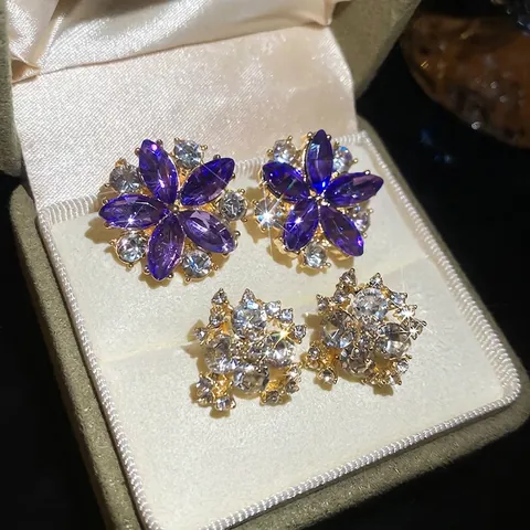Boucles Oreilles Fleur Violette Alliage Strass Avec Tige En Argent Sterling 925 Bijoux Mode Floraux Elégants Femme