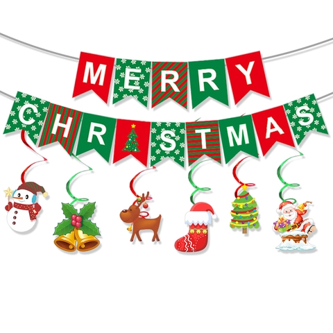 Merry Christmas Banner Swirl Hanging Decorations Snowflake Snowman Reindeer Decor Paper PVC Holiday Party Ornaments