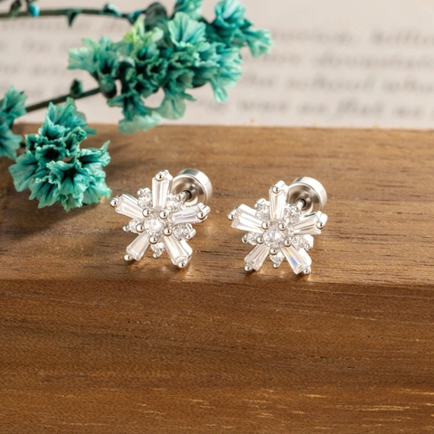 Pendiente Cartílago Copo Nieve Cobre Circonita Micro Pavé Cierre Rosca Joyería Piercing Elegante Mujeres Hombres