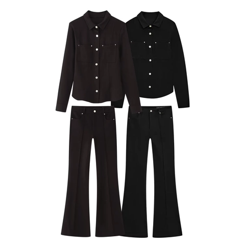 Conjunto De Camisa De Manga Larga Con Botones Y Pantalones Acampanados Para Mujer Color Sólido Poliéster Streetwear