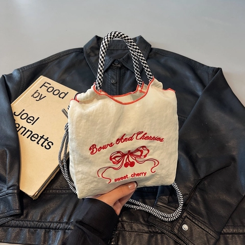 Bolso Bandolera Mujer Nylon Bordado Cereza Lazo Bolso De Mano Cordón Con Asa De Cuadros Estilo Dulce