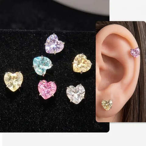 Heart Cubic Zirconia Stud Earrings Stainless Steel Screw Back Small Cute Jewelry For Women