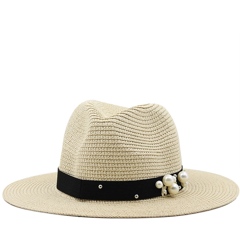 Women Fedora Straw Sun Hat Elegant Artificial Pearl Decoration Breathable Summer Beach Jazz Hat Wide Brim Vintage Style