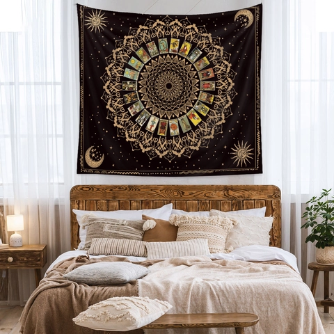 Tapiz De Pared Negro Oro Fase Lunar Mandala Tarot Diseño Bohemio Poliéster Tela Decoración Hogar